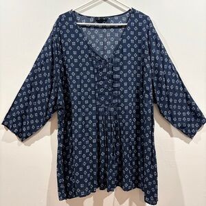 Plus Size Boho Tunic Top 3X Navy Floral Rayon Fall Layering Workwear